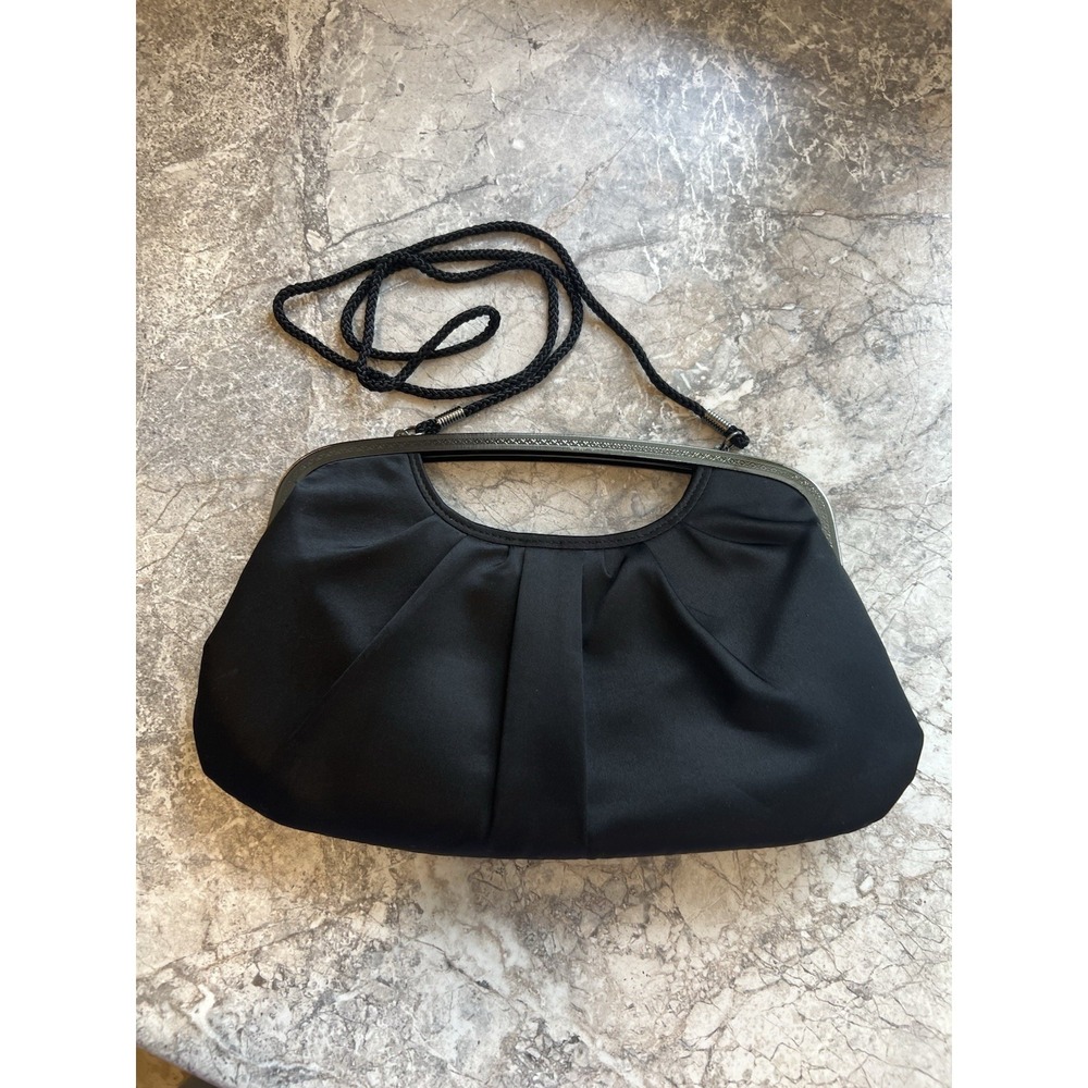 Kate Landry Black Satin Evening Clutch Purse Shoulder Bag Silver Frame - Picture 2 of 12